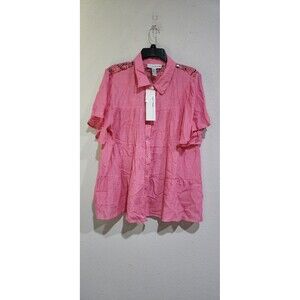 NWT Nouveaumonde Button Up Blouse Women's L Hot Pink With Lace Trim Blouse Top